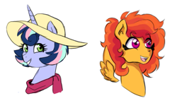 Size: 677x396 | Tagged: safe, artist:pandamoniyum, artist:pikokko, oc, oc only, oc:candy pop, oc:sunset sky, pegasus, pony, unicorn, collaboration, bust, clothes, duo, female, floating wings, hat, magical lesbian spawn, mare, offspring, parent:bon bon, parent:cheese sandwich, parent:lyra heartstrings, parent:rainbow dash, parents:cheesedash, parents:lyrabon, scarf, simple background, sun hat, white background