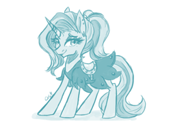 Size: 1280x960 | Tagged: safe, artist:taligintou, sassy saddles, pony, unicorn, 30 minute art challenge, clothes, ear piercing, female, mare, monochrome, piercing, side view, simple background, solo, white background