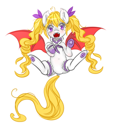 Size: 2083x2301 | Tagged: safe, artist:hanaty, oc, oc:yui chisaki, bat pony, pony, vampire, vampony, bat pony oc, cute, fangs, female, lolita fashion, mare, on back, pigtails, simple background, solo, tsundere, twintails, white background