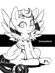 Size: 728x963 | Tagged: safe, artist:hobilo, somnambula, pegasus, pony, black and white, female, grayscale, headdress, looking at you, mare, monochrome, simple background, solo, white background