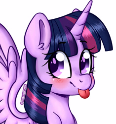 Size: 4629x4917 | Tagged: safe, artist:girlunicorn, twilight sparkle, twilight sparkle (alicorn), alicorn, pony, :p, absurd resolution, blushing, bust, colored pupils, cute, ear fluff, female, looking back, mare, portrait, silly, simple background, smiling, solo, spread wings, tongue out, twiabetes, white background