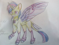 Size: 640x480 | Tagged: safe, artist:shitstorm maker, derpibooru exclusive, oc, oc only, oc:viridi lux, alicorn, changedling, changeling, changepony, hybrid, cloven hooves, green coat, hybrid wings, insect wings, interspecies offspring, male, multiple horns, next generation, offspring, parent:thorax, parent:twilight sparkle, parents:twirax, polish, purple eyes, scar, simple background, spread wings, traditional art, white background, wings