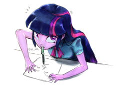 Size: 2039x1377 | Tagged: safe, artist:oberon826, twilight sparkle, equestria girls, clothes, female, henohenomoheji, humans doing horse things, looking at you, mouth hold, paper, pen, pen in mouth, shirt, simple background, solo, white background