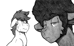 Size: 2498x1562 | Tagged: safe, artist:denzel, oc, oc only, oc:denzel, oc:winston, goat, pony, black and white, embarrassed, face, grayscale, monochrome, simple background, sweat, sweating profusely, white background