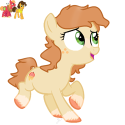 Size: 874x874 | Tagged: safe, artist:royalswirls, big macintosh, cheese sandwich, oc, oc only, earth pony, pony, base used, female, filly, freckles, gay, mac n cheese, magical gay spawn, male, offspring, parent:big macintosh, parent:cheese sandwich, parents:mac n cheese, shipping, simple background, solo, stallion, unshorn fetlocks, white background