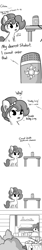 Size: 1650x9900 | Tagged: safe, artist:tjpones, oc, oc only, oc:brownie bun, earth pony, pony, horse wife, alexa, amazon echo, amazon.com, arrow, candy, chest fluff, chocolate, comic, cutie mark, dialogue, doot, ear fluff, female, food, grayscale, implied princess celestia, into the trash it goes, mare, master sword, monochrome, peanut butter, reese's peanut butter cups, simple background, smiling, the legend of zelda, trash, trash can, white background