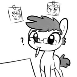 Size: 1650x1650 | Tagged: safe, artist:tjpones, twilight sparkle, oc, oc only, oc:tjpones, earth pony, pony, seapony (g4), drawing, glasses, grayscale, male, monochrome, mouth hold, pencil, question mark, self portrait, simple background, solo, stallion, white background