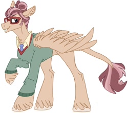 Size: 972x858 | Tagged: safe, artist:ficklepickle9421, oc, oc:solomon, pegasus, pony, bucktooth, clothes, glasses, kindverse, leonine tail, offspring, parent:moondancer, pegamule, simple background, sperm donation, unshorn fetlocks, white background