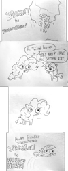 Size: 1799x4510 | Tagged: safe, artist:tjpones, pinkie pie, twilight sparkle, twilight sparkle (alicorn), alicorn, earth pony, pony, ..., black and white, chibi, comic, dialogue, duo, eyes closed, female, flying, grayscale, lineart, mare, monochrome, simple background, sparkles! the wonder horse!, speech bubble, text, traditional art, white background