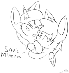 Size: 3146x3321 | Tagged: safe, artist:lofis, oc, oc only, oc:blu, oc:mint chocolate, pegasus, pony, unicorn, black and white, cheek squish, cute, dialogue, duo, female, grayscale, hug, looking at you, mare, monochrome, simple background, snuggling, squishy cheeks, surprised, white background