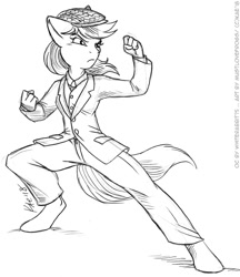 Size: 862x1000 | Tagged: safe, artist:kaemantis, oc, oc only, oc:plain sight, anthro, earth pony, unguligrade anthro, fanfic:the teacher the sorceress and the wonderbolt, black and white, bodyguard, female, flatcap, grayscale, monochrome, signature, simple background, solo, white background