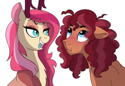 Size: 1024x706 | Tagged: safe, artist:cascayd, oc, oc only, oc:cookie batter, oc:jinx, draconequus, earth pony, hybrid, pony, afro, blushing, draconequus oc, female, hair tie, interspecies offspring, loose hair, male, mouth hold, next generation, oc x oc, offspring, offspring shipping, parent:cheese sandwich, parent:discord, parent:fluttershy, parent:pinkie pie, parents:cheesepie, parents:discoshy, poofy hair, romance, shipping, simple background, slit eyes, stallion, straight, white background