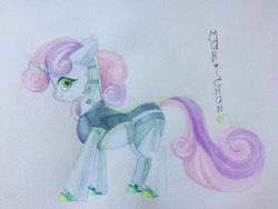 Size: 1024x768 | Tagged: safe, artist:i-just-mari, sweetie belle, sweetie bot, pony, robot, robot pony, unicorn, female, filly, looking at you, profile, simple background, solo, traditional art, white background