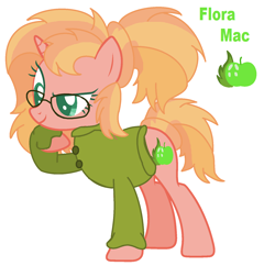 Size: 1556x1508 | Tagged: safe, artist:1313jaysong1313, oc, oc only, oc:flora mac, unicorn, clothes, colored pupils, female, glasses, mare, offspring, parent:big macintosh, parent:sunset shimmer, parents:shimmermac, simple background, solo, sweater, white background