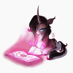 Size: 2984x2984 | Tagged: safe, artist:wildetrashbag, oleander, them's fightin' herds, book, community related, lidded eyes, looking at you, reading, simple background, sitting, solo, white background