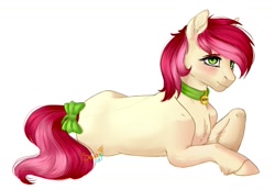 Size: 1160x804 | Tagged: safe, artist:samgf, roseluck, earth pony, pony, blushing, bow, chest fluff, collar, digital art, ear fluff, female, fluffy, hoof fluff, lying, lying down, mare, on side, pet tag, pony pet, rosepet, simple background, solo, tail bow, unshorn fetlocks, white background