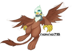 Size: 800x560 | Tagged: safe, artist:nokno76, greta, griffon, clothes, female, looking at you, scarf, simple background, solo, spread wings, white background, wings