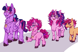 Size: 1500x1000 | Tagged: safe, artist:thotticus, pinkie pie, twilight sparkle, twilight sparkle (alicorn), oc, oc:brae petal, oc:confetti, alicorn, earth pony, pony, unicorn, blushing, cloven hooves, cutie mark, female, fluffy, glasses, headband, lesbian, looking at each other, magical lesbian spawn, mare, offspring, parent:big macintosh, parent:cheerilee, parent:pinkie pie, parent:twilight sparkle, parents:cheerimac, parents:twinkie, ring, shipping, simple background, size difference, smiling, twinkie, wedding ring, white background