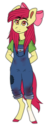 Size: 800x2000 | Tagged: safe, artist:starryeggs, apple bloom, anthro, unguligrade anthro, arm behind back, colored hooves, cut, dirty, female, filly, freckles, overalls, simple background, solo, standing, white background