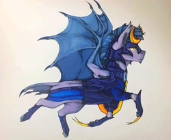 Size: 1280x1050 | Tagged: safe, artist:nightmare-moons-throneroom, bat pony, pony, armor, commission, ear fluff, flying, helmet, hoofclaw, male, metal claws, night guard, profile, simple background, solo, spread wings, stallion, traditional art, weapon, white background, wings