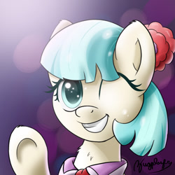 Size: 800x800 | Tagged: safe, artist:bugplayer, coco pommel, earth pony, pony, abstract background, bust, female, grin, mare, one eye closed, portrait, smiling, solo, underhoof, waving, wink