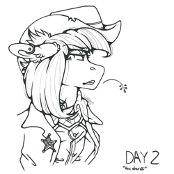 Size: 1280x1280 | Tagged: safe, artist:nightmare-moons-throneroom, limestone pie, pony, badge, clothes, cowboy hat, duster, ear fluff, ear piercing, earring, female, floppy ears, grayscale, hat, jewelry, looking back, mare, monochrome, piercing, sheriff, shirt, sidemouth, simple background, solo, straw in mouth, traditional art, white background