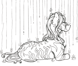 Size: 1280x1075 | Tagged: safe, artist:nightmare-moons-throneroom, zecora, zebra, cutie mark, ear fluff, eyes closed, female, mare, on side, rain, simple background, solo, traditional art, wet mane, white background