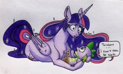 Size: 3423x2061 | Tagged: safe, artist:ameliacostanza, spike, twilight sparkle, twilight sparkle (alicorn), alicorn, dragon, pony, avengers: infinity war, colored pencil drawing, crying, dialogue, disintegration, female, i don't feel so good, imminent death, male, mare, series finale, simple background, spoilers for another series, traditional art, vanish, white background