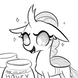 Size: 1650x1650 | Tagged: safe, artist:tjpones, ocellus, changedling, changeling, changeling feeding, cute, cuteling, diaocelles, eyes on the prize, female, floppy ears, food, grayscale, happy, honey, lineart, monochrome, open mouth, simple background, smiling, solo, sparkles, tjpones is trying to murder us, white background