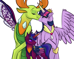 Size: 2500x2000 | Tagged: safe, artist:percy-mcmurphy, thorax, twilight sparkle, twilight sparkle (alicorn), oc, oc:alistair, alicorn, changedling, changeling, changepony, hybrid, pony, antennae, antlers, changeling king, colored sclera, crown, eyes closed, family, fangs, female, foal, horn, hybrid wings, insect wings, interspecies offspring, jewelry, king thorax, kissing, male, necklace, next generation, offspring, parent:thorax, parent:twilight sparkle, parents:twirax, regalia, shipping, simple background, straight, trio, twirax, white background