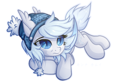 Size: 1052x708 | Tagged: safe, artist:teepew, oc, oc only, oc:silver puff, oc:snow puff, bat pony, pony, bat pony oc, bat wings, colored wings, ear fluff, female, frown, hat, mare, on side, simple background, slit eyes, solo, white background