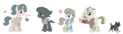 Size: 1890x522 | Tagged: safe, artist:mlpfangirl17, artist:selenaede, oc, oc only, oc:barrel rum, oc:blackthorne, oc:scallywag, oc:seafare sail, oc:skabbers, changeling, earth pony, hybrid, pony, unicorn, wolf, zebra, zebracorn, armor, base used, boots, changeling oc, eye scar, female, fur, group, helmet, horned helmet, jewelry, male, mare, necklace, pirate, scar, sheild, shoes, simple background, stallion, viking, white background, zebra oc