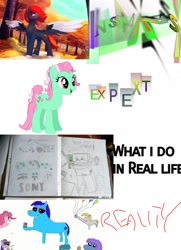 Size: 1300x1800 | Tagged: artist needed, safe, minty, pinkie pie, twilight sparkle, oc, earth pony, pegasus, pony, 1000 years in photoshop, camera shot, cupcake, exploitable meme, food, meme, minecraft, misspelling, not salmon, notebook, pipe, simple background, text, wat, white background