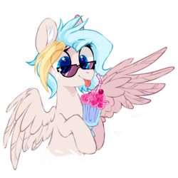 Size: 1000x1000 | Tagged: source needed, safe, artist:mirtash, oc, oc only, oc:teacup cake, pegasus, pony, :p, cute, freckles, glasses, milkshake, ocbetes, rcf community, silly, simple background, solo, sunglasses, tongue out, white background