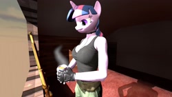 Size: 3840x2160 | Tagged: safe, artist:clintr, twilight sparkle, anthro, 3d, big breasts, breasts, clothes, fingerless gloves, food, gloves, gun, rifle, sniper rifle, source filmmaker, tales from the borderlands, tanktop, tea, weapon