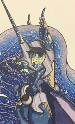 Size: 777x1280 | Tagged: safe, artist:nightmare-moons-throneroom, nightmare moon, alicorn, pony, bat wings, crying, dappled, ear fluff, ethereal mane, fangs, female, helmet, jewelry, long horn, mare, regalia, simple background, slit eyes, solo, starry mane, white background, wing claws