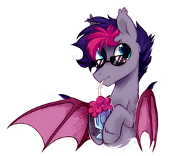 Size: 1100x1000 | Tagged: source needed, safe, artist:mirtash, oc, oc only, oc:retro wave, bat pony, pony, bat pony oc, bat wings, cute, glasses, male, milkshake, rcf community, simple background, solo, straw, white background