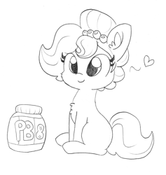 Size: 1591x1681 | Tagged: safe, artist:tjpones, edit, editor:dsp2003, oc, oc:brownie bun, earth pony, pony, female, food, heart, lineart, mare, monochrome, peanut butter, simple background, sitting, traditional art, white background