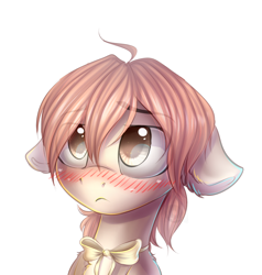 Size: 1146x1205 | Tagged: dead source, safe, artist:freckleplant, earth pony, pony, ahoge, anime, bloom into you, blushies, blushing, bow, bowtie, bust, commission, cute, eye clipping through hair, female, floppy ears, koito yuu, looking at you, manga, mare, ponified, simple background, solo, white background, yaga kimi, yagate kimi ni naru, yuu koito