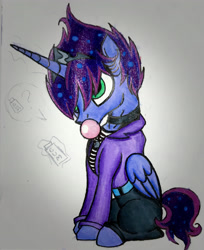 Size: 2862x3503 | Tagged: safe, artist:darkest-lunar-flower, oc, oc:somnium dulcis, alicorn, alicorn oc, bubblegum, clothes, doodle, food, gum, simple background, solo, traditional art, white background