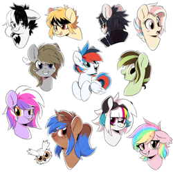 Size: 2000x2000 | Tagged: safe, artist:oxy-diamond, oc, oc only, oc:akane, oc:digital dusk, oc:heart sketch, oc:paper stars, oc:retro city, oc:sketchbook wonder, bat pony, pegasus, pony, unicorn, bat pony oc, bust, ear piercing, female, floppy ears, freckles, goggles, heart, mare, piercing, simple background, sketch, sketch dump, smiling, tongue out, white background