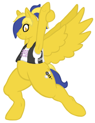 Size: 641x835 | Tagged: safe, artist:queenfrau, oc, oc only, oc:honey buzz, bee, pegasus, pony, armpits, bipedal, clothes, female, looking at you, shirt, simple background, solo, spread wings, stretching, white background, wings