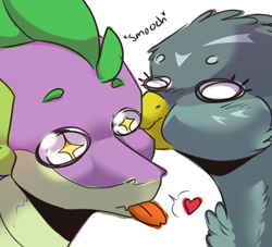 Size: 1100x1000 | Tagged: safe, artist:yuyusunshine, gabby, spike, dragon, griffon, dialogue, eyebrows, female, fluffy, heart, hilarious in hindsight, kissing, male, mlem, older, older spike, shipping, silly, simple background, spabby, starry eyes, straight, tongue out, white background, wingding eyes