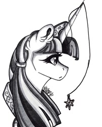 Size: 1031x1280 | Tagged: safe, artist:nightmare-moons-throneroom, twilight sparkle, pony, alternate hairstyle, bust, ear fluff, female, grayscale, hair tie, horn jewelry, jewelry, mare, monochrome, regalia, simple background, solo, traditional art, white background