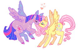 Size: 633x405 | Tagged: safe, artist:njeekyo, fluttershy, twilight sparkle, twilight sparkle (alicorn), alicorn, pegasus, pony, colored hooves, cute, eyes closed, female, flying, lesbian, mare, shipping, shyabetes, simple background, twiabetes, twishy, white background