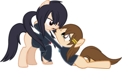 Size: 600x344 | Tagged: artist needed, safe, earth pony, pony, clothes, crossover, hirasawa yui, hug, k-on, nakano azusa, ponified, raised hoof, simple background, white background