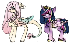 Size: 1000x631 | Tagged: safe, artist:harusocoma, fluttershy, twilight sparkle, twilight sparkle (alicorn), alicorn, pegasus, pony, alternate design, simple background, sketch, white background, wing ears