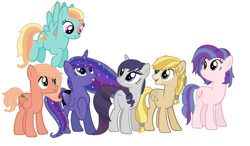 Size: 2444x1432 | Tagged: safe, artist:restlessbard, oc, oc only, oc:melody, oc:mountain harvest, oc:orchard smith, oc:party song, oc:star magia dust, oc:sweet feather, alicorn, earth pony, pegasus, pony, unicorn, alicorn oc, base used, female, magical lesbian spawn, male, mare, next generation, offspring, parent:applejack, parent:big macintosh, parent:fluttershy, parent:octavia melody, parent:pinkie pie, parent:princess luna, parent:rainbow dash, parent:rarity, parent:rockhoof, parent:twilight sparkle, parent:vinyl scratch, parent:zephyr breeze, parents:fluttermac, parents:raritavia, parents:rockjack, parents:twiluna, parents:vinylpie, parents:zephdash, simple background, stallion, white background