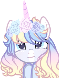 Size: 2557x3349 | Tagged: safe, artist:kazanzh, oc, pony, unicorn, bust, female, floral head wreath, flower, high res, mare, portrait, simple background, solo, white background