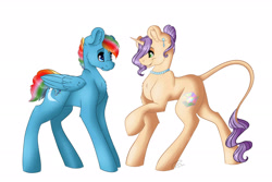 Size: 3000x2000 | Tagged: safe, artist:scarlettnovel, oc, oc only, oc:blue jay, oc:clarity, pegasus, pony, unicorn, female, high res, magical lesbian spawn, mare, offspring, parent:applejack, parent:pinkie pie, parent:rainbow dash, parent:rarity, parents:pinkiedash, parents:rarijack, simple background, white background